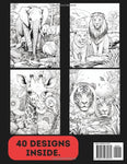 Zoo Animals Colouring Book for Adults & Teens. Black and White. 40 Unique Designs. 8.5x11"