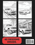 Muscle Car Colouring Book for Adults & Teens. Black and White. 40 Unique Designs. 8.5x11"