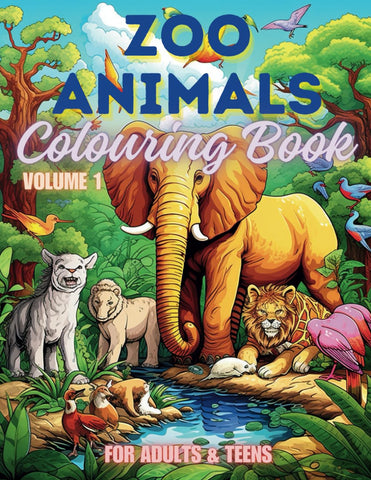 Zoo Animals Colouring Book for Adults & Teens. Black and White. 40 Unique Designs. 8.5x11"
