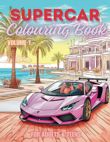 Supercar Colouring Book for Adults & Teens. Black and White. 40 Unique Designs. 8.5x11"